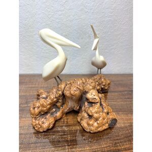 John Perry Pelican Sculpture Burlwood Base Vintage Wildlife Art Pair Sea Decor